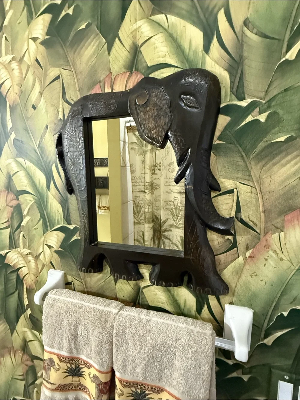 Vintage Large Hand-Carved Wood Elephant Wall Mirror - Made in India